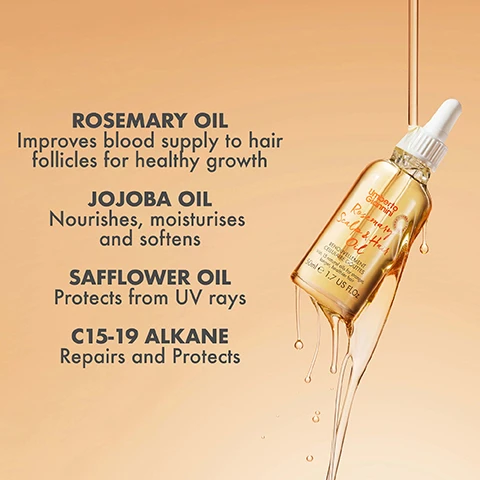 Image 1 - Image of a hair oil bottle against a golden background, with visible text listing ingredients and benefits: Rosemary Oil improves blood supply to hair follicles for healthy growth, Jojoba Oil nourishes, moisturises and softens, Safflower Oil protects from UV rays, C15-19 Alkane repairs and protects.
              Image 2 - A person is holding a dropper filled with oil above a small glass bottle labeled Umberto Giannini Rosemary Scalp & Hair Oil, with five orange stars indicating a rating and text stating Perfect choice to give your hair its life back! I saw the effects of this hair and scalp oil even after second use. Semin V.