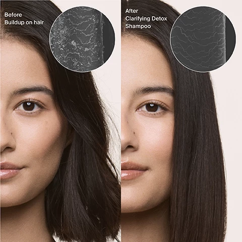 Image 1 and 2, before buildup on hair, after clarifying detox shampoo. image 3, non stripping, improves color vibrancy and color safe. image 4, removes 97% of product buildup with one wash. in laboratory testing compared to baseline.