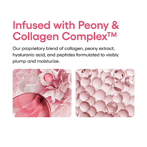 Image 1 - The image displays a header and descriptive text about a skincare product, alongside two visuals: one of pink peony petals with a pink liquid droplet, and another of many pink translucent spheres, with the text Infused with Peony & Collagen Complex™ followed by Our proprietary blend of collagen, peony extract, hyaluronic acid, and peptides formulated to visibly plump and moisturize. Image 2 - A pink LANEIGE Bouncy & Firm Sleeping Mask jar with soft pink peonies in the background, accompanied by text and bar graphs announcing Proven results for hydrated, glowy skin overnight, showing skin moisture level increased by +21% and skin glow by +15% from before use to next morning, with the product label reading LANEIGE BOUNCY & FIRM SLEEPING MASK MASQUE DE NUIT REPULPANT & RAFFERMISSANT Plump, Hydrate, Glow Repulpe, Hydrate, Illumine 60 mL / 2.0 fl. oz., and clinical test details stating Clinical test on 30 women aged 14-49 Test period: 2023.09.25 - 2023.11.30. Image 3 - The image displays two pink jars of Laneige Bouncy & Firm Sleeping Mask on a light pink background, with text stating 80% agreed skin is visibly plumped with hydration! followed by 80% Agreed skin looks plumped with hydration, 96% Saw visibly smoother skin, 93% Felt skin looked well-refreshed by morning, 83% Agreed skin feels firmer, and product details LANEIGE BOUNCY & FIRM SLEEPING MASK MASQUE DE NUIT REPULPANT & RAFFERMISSANT Plump, Hydrate, Glow Repulpe, Hydrate, Illumine 60 mL / 2.0 fl. oz. and at the bottom *Based on the self-assessment survey on 30 women aged 19-49. Test period: 2023.09.15 - 2023.11.30. Image 4 - A before and after comparison image shows a womans right eye and cheek, with the left panel labeled Before use showing some fine lines and the right panel labeled After 4 weeks if use showing plumper, smoother skin, under the main title Plump & Glow, with additional text Test conducted by: Media Lab Science, Test subjects: 18 people aged 20-40, Test period: 2023.10.20 - 2023.11.17. Image 5 - A pink jar of Laneige Bouncy & Firm Sleeping Mask is centered on a soft pink fabric background, with large white text above and two circular icons with text below. The text reads GENTLE FOR OVERNIGHT USE, LANEIGE, BOUNCY & FIRM SLEEPING MASK, MASQUE DE NUIT REPULPANT & RAFFERMISSANT, Plump, Hydrate, Glow, Repulpe, Hydrate, Illumine, 60 mL / 2.0 fl. oz., Tested on sensitive skin, and Dermatologically tested.