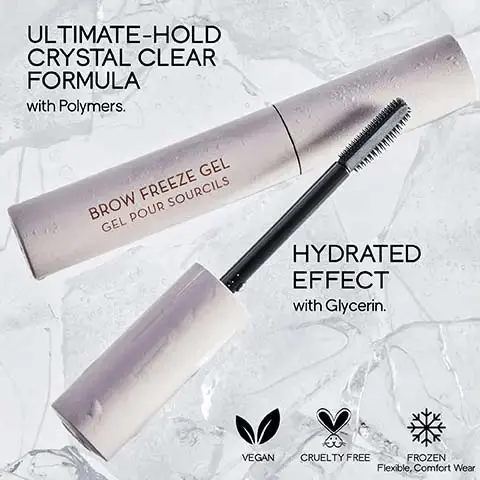 Ultimate-hold crystal clear formula with polymers. Hydrated effect with glycerin. Vegan. Cruelty free, frozen, flexible comfort wear. Laminated brows on-the-go. Long bristles comb plus separate, short bristles shape plus sculpt, flat side lays hair down. CHOOSE YOUR BROW HOLD, HOLD: FLEXIBLE, MEDIUM-HOLD IDEAL FOR: EVERYDAY BROW STYLING THE LOOK: NATURAL + POLISHED. CLEAR BROW GEL BROW FREEZE. The best of beauty award winner, Allure The beauty expert 2024.
