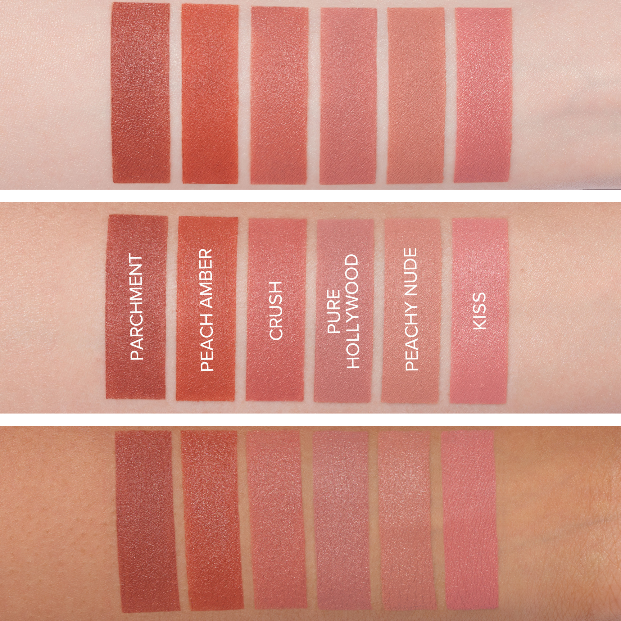 Parchment, Peach Amber, Crush, Pure Hollywood, Peachy Nude and Kiss.