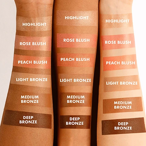 Image 1, swatches of highlight, rose blush, peach blush, light bronze, medium bronze and deep bronze on three different skin tones. image 2, shades suitable for all skin tones, light, mid and deep. image 3, before and after. taylor wears multi use cream blush, bronze and highlight palette.