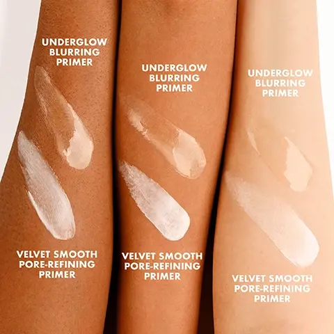 Image 1, swatches of underglow blurring primer and velvet smooth pore-refining primer on three different skin tones. image 2 and 3, before and after wearing velvet smooth pore refining primer.