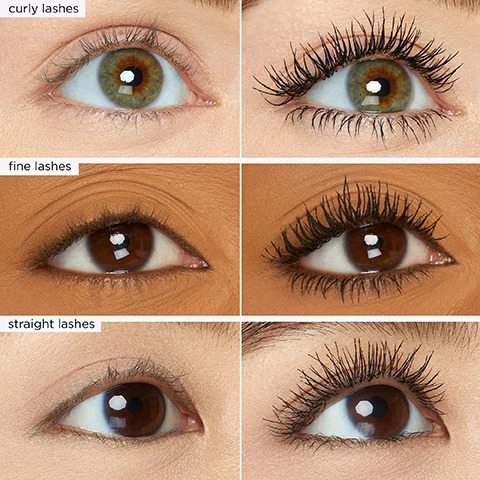 Image 1, before and after on curly lashes, fine lashes and straight lashes. Image 2, before and after on thin lashes, sparse lashes, brittle lashes. image 3, 100% saw lomger more volumised lashes in a study of 31 subjects. image 4, before and after. image 5, 24 hour, flake free, smudge proof and longwear. in a study of 31 subjets. image 6, 360 lash extension comb with 296 molded bristles. jet black finish, instant definition combs and separates, no clumps. conical bristles, evenly coat lashes with flake free tubes. image 7, lash estensions in a tube, exclusive micro tubing technology. flake free tubes wrap each lash. tubes evenly coat lashes. creates lash extension effect. image 8, travel size vs full size