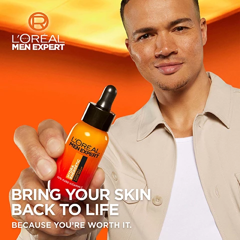 Image 1, bring your skin back to life. because you're worth it. image 2, vitamin c shot serum, brighter smoother and refreshed. image 3, powered by 10% pure vitamin c, brightens, smooths and refreshes tired looking skin. image 4, light texture, non greasy, fast absorbed even on beard. image 5, hydra energetic routine. 3 steps away to bring your skin back to life. step 1 = serum, step 2 = moisturiser, step 3 = eve roll on
