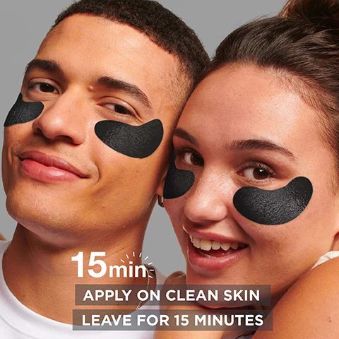 Image 1, 15 minutes apply on clean skin and leave for 15 minutes. image 2, visibly refresh and energise eyes. image 3, proven results. immediately after 1st use. 96% agree eyes feel refreshed. 91% agree eyes look less tired. 90% agree eyes feel revitalised. 96% agree fine lines around eyes appear less visible. 90% agree eye bags look less visible. image 3, discover our eye and face charcoal sheet masks. image 4, dermatologically tested, fragrance free. image 5, 4 step charcoal infused routine. 1 = cleanser, 2 and 3 = eye and face sheet masks, 4 = serum.