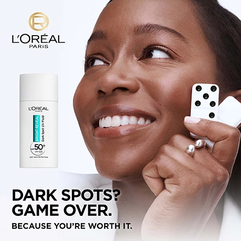 Image 1, dark spots? game over. because you're worth it. image 2, powered by UVB + UVA filters, prevents dark spot reappearance. 2% niacinamide, helps reduce dark spots. LHA + Vitamin e, exfoliating and antioxydant action against dark spots. image 3, clinically proven efficacy. faded dark spots boosts radiance reduced fine lines. image 4, invisible on all skin tones. no white cast, non oily, non sticky and ultra light texture. image 5, dark spot routine. step 1 = niacinamide serum fades all types of dark spots. step 2 = daily UV fluid protects from dark spots. image 6, complete your dark spot routine. exfoliant peel, UV fluid SPF 50+, niacinamide serum every other night. image 7, how to use. shake well before application. every morning apply evenly as a moisturiser or after your skincare routine.