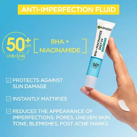 Image 1, anti-imperfection fluid. 50+ SPF AVB and AVA. BHA and niacinamide. protects against sun famage, instantly mattifies, reduces the appearance of imperfections, pores, uneven skin tone, blemishes and post acne marks. image 2, very high UV protection against, UVA, UVB and Long UVA. non comedogenic, non greasy, non oily, lightweight and invisible formula. no residue and no white cast. Image 3, how much to apply? two finger rule for whole face and neck. image 4, consumer agree, 78% skin mattified 12 hour after application. 98% skin feels less oily. 97% skin feels softer. 92% skin tones looks more even. 99% overall skin appearance looks improved. consumer test 150 volunteers 34-68 years old. image 5, choose your daily SPF. sheer glow - mineral pigments, suitable for all skin tones. invisible - no white cast, invisible and lightweight formula. matte - invisible and mattifying and no white cast