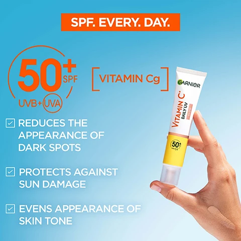 Image 1 - A person holding a tube of Garnier Vitamin C Daily UV cream with a blue background, featuring text that reads SPF. EVERY. DAY., 50+ SPF UVB+UVA, and benefits including reduces the appearance of dark spots, protects against sun damage, and evens appearance of skin tone.
              Image 2 - Image shows swatches of different skin tones featuring a product labeled Glowy Sheer Tint for even, radiant & protected skin, with various shades displayed in three rows.
              Image 3 - A tube of Garnier Vitamin C Daily UV Glow sunscreen is surrounded by two swatches of cream on a bright yellow background, with checkmarks next to the features: very high protection against UVA, UVB, long UVA, non-oily, non-comedogenic, lightweight formula, and glowy sheer tint, along with the SPF 50+ label.
              Image 4 - A hand holding a tube of Garnier Vitamin C Daily UV sunscreen is dispensing product onto another hand, with the text HOW TO APPLY? and TWO FINGER RULE FOR WHOLE FACE & NECK displayed prominently.
              Image 5 - Image shows three different sunscreen products from Garnier with labels reading Sheer Glow, Invisible, and Matte, each accompanied by descriptions including suitable for all skin tones, invisible and lightweight formula, and invisible and mattifying, along with UV protection information.
              Image 6 - A person with short blonde hair smiles, with the text CONSUMERS AGREE HAS A LIGHTWEIGHT TEXTURE & LETS SKIN BREATHE SKIN FEELS PROTECTED SKIN DOES NOT FEEL STICKY SKIN TONE LOOKS MORE EVEN over a light blue background.