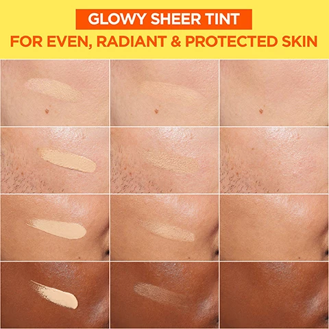 Image 1, glowy sheer tint, for even radiant and protected skin. shown on 4 different skin tones. image 2, very high protection against UVA, UVB and long UV. non oily, non comedogenic. lightweight formula, glowy sheer tint. image 3, consumers agree. has a lightweight texture and lets skin breathe. skin feels protected. skin does not feel sticky. skin tone looks more even.