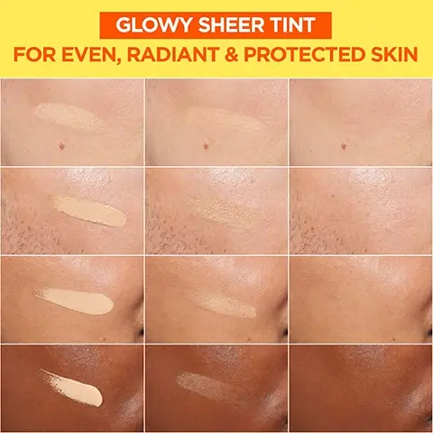 Image 1, glowy sheer tint, for even radiant and protected skin. shown on 4 different skin tones. image 2, consumers agree. has a lightweight texture and lets skin breathe. skin feels protected. skin does not feel sticky. skin tone looks more even.