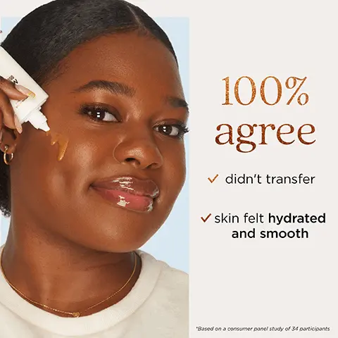 Image 1, 100% agree ✓ didn't transfer ✓ skin felt hydrated and smooth "Based on a consumer panel study of 34 participants Image 2, мо MIX WITH FOUNDATION torter GLOW Image 3, RGO OW MIX WITH MOISTURIZER GLOW GLC Image 4, tarte KEY LARGO GLOW bronzing drops gouttes bronzantes sunkissed 1-2 drops + moisturizer lit-from-within 2-4 drops + foundation vacay glow smooth onto body Image 5, good-for-you glow VEGAN SQUALANE anti-aging properties WATERMELON hydrates APPLE antioxidant-rich SODIUM HYALURONATE moisturizes