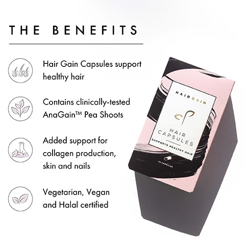 Image 1, the benefits = hair gain capsules support healthy hair. contains clinically tested ana gain pea shoots. added support for collagen production skin and nails. vegetarian, vegan and halal certified. image 2, ingredients - biotin, ana gain pea shoots, calcium, zinc. image 3, before and after.