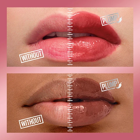 Image 1, without vs with plump. image 2, intense heat, lasting plump, plumps lips immediately and over time. image 3, swatches of blush blaze, pink sting, peach fever, hot chilli, mauve bite, red flag, cocoa zing and hot honey