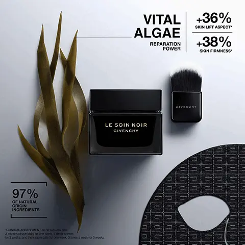 Image 1,97% OF NATURAL ORIGIN INGREDIENTS CLINICAL ASSESSMENT on 32 subjects ar 2 months of use: daily for one week, 3 times a week for 3 weeks, and then again daily for one week, 3 times a week for 3 works. VITAL ALGAE REPARATION POWER +36% SKIN LIFT ASPECT +38% SKIN FIRMNESS* LE SOIN NOIR GIVENCHY GIVENCHY Image 2, FACIAL CONTOURS DEFINITION +68% FIRMER-LOOKING SKIN +76% *Sellssessment on 32 subjects after 2 months of use: daily for one week, 3 times a week for 3 weeks, and then again daily for one week, 3 times a week for 3 weeks. Self-assessment by scoring of the product's performance on appearance of the oval of the face ***On crow's feet area GIVENCHY AFTER 2 MONTHS* LE SOIN NOIR MASQUE DENTELLE WRINKLES -59% LE SOIN NOIR Image 3, 1. APPLY TEXTURE IN LIFTING UPWARD MOVEMENTS 3. STIMULATE THE SKIN WITH A LIFTING MASSAGE GIVENCHY 2. APPLY THE LACE USING MERIDIAN ACUPRESSURE LE SOIN NOIR MASQUE DENTELLE