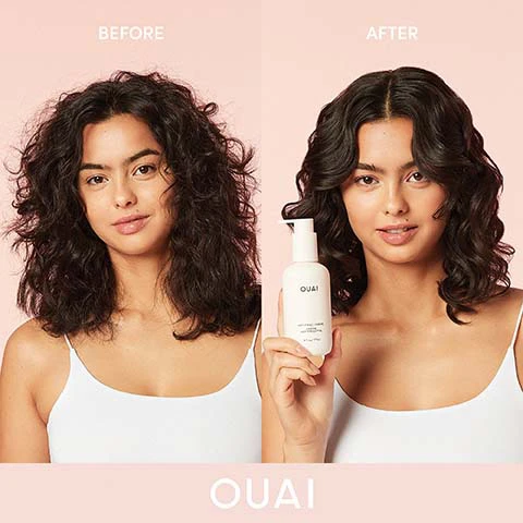 Image 1 - A woman demonstrates a before and after comparison of her dark curly hair against a pink background, with the left showing frizzy hair and the right showing smooth, defined waves while holding a white product bottle; the image text includes BEFORE, AFTER, OUAI, ANTI-FRIZZ CREAM, CRÈME ANTI-FRIZZ, 3 FL OZ / 97 G, and OUAI. Image 2 - A split image showing frizzy dark hair on the left and smooth, well-defined dark wavy hair on the right, with the text BEFORE, AFTER, and OUAI. Image 3 - A white OUAI Anti-Frizz Crème bottle is centered, surrounded by various ingredients including pink roses, violet and jasmine flowers, sliced lemon and bergamot, raspberries, patchouli leaves, and sandalwood sticks, with accompanying text labels reading THE SCENT: NORTH BONDI, VIOLET, WHITE MUSK, JASMINE, BERGAMOT, SANDALWOOD, RASPBERRY, ITALIAN LEMON, PATCHOULI, ROSE DE MAI, OUAI, and Anti-Frizz Crème 4 fl oz / 117 ml. Image 4 - The image shows a Ouai product comparison chart titled FIGHT FRIZZ YOUR OUAI, detailing features for three hair products: Anti-Frizz Crème, Leave-In Conditioner, and Curl Crème; the listed features are Fights frizz, Provides heat protection up to 450°F/232°C, Reduces & repairs split ends, Enhances, defines & shapes curls, Hydrates the hair, Conditions and detangles, North Bondi scent, and Can be used on wet or dry hair, with checkmarks indicating which product offers each feature; at the bottom of the chart, product attributes are listed as Cruelty Free, Color Safe, Keratin Safe, Sulfate Free, Paraben Free, Vegan, and Gluten Free; visible text on a partially shown bottle on the right side reads OUAI ANTI-FRIZZ CRÈME, ANTI-FRISOTTIS, 5fl oz / 177ml, and the Ouai logo is also visible at the bottom.