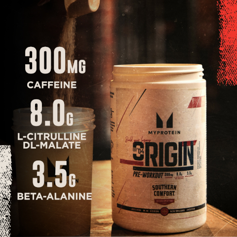 A container of MyProtein Origin pre-workout powder is shown next to a scoop, with text displaying 300 mg caffeine, 8.0 g L-Citrulline DL-Malate, and 3.5 g Beta-Alanine.