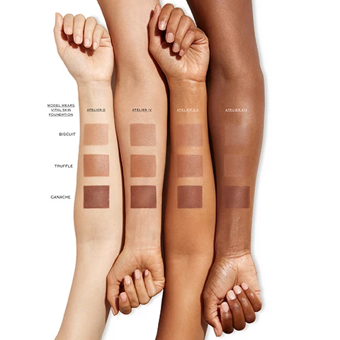 Image 1, swatches of biscuit, truffle and ganache on four different skin tones. models wear vital skin foundation in the shades, atelier 0, atelier IV, atelier X.5 and Atelier XIII. image 2, what's inside? organic jojoba oil - strengthens skin and boosts moisture. berryflux vita - hydration boosting and youth preserving peptides. koalin clay - absorbs excess oil, helps formula stay in place. no parabens, no PEGs, no talc, no phthalates, no synthetic fragrances, no animal testing. image 3, face trace contour stick. skincare benefits, blendable formula, satin finish.