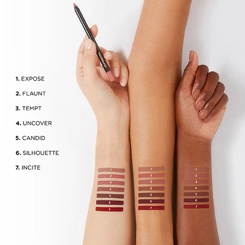 Image 1, swatches of expose, flaunt, tempt, uncover, candid, silhouette and incite on three different skin tones. image 2, model shots of expose, flaunt, tempt, uncover, candid, silhouette and incite on three different skin tones. Image 3, swatches of expose, flaunt, tempt, uncover, candid, silhouette and incite