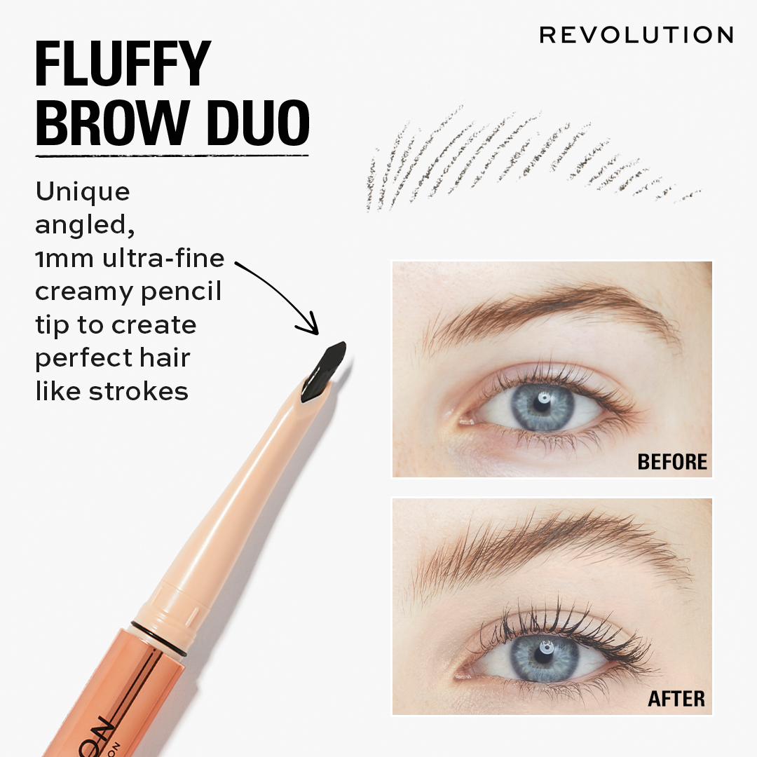 Fluffy brow duo. Unique angled, 1mm ultra-fine creamy pencil tip to create perfect hair like strikes. Before, After,.