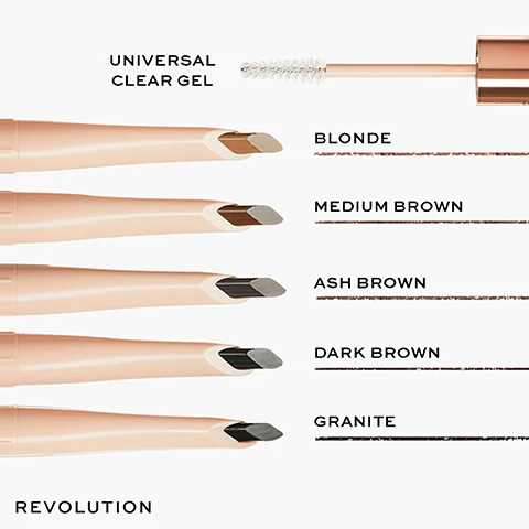 Image 1 - Image features several eyebrow gel applicators in varying shades, including Universal Clear Gel, Blonde, Medium Brown, Ash Brown, Dark Brown, and Granite, with the brand name Revolution displayed at the bottom.
              Image 2 - Image showing a beauty product called Fluffy Brow Duo, featuring a clear gel wand on the left and an angled pencil tip on the right, with text describing the gel wax formula to lift and fluff brows and the unique angled, 1mm ultra-fine tip, along with the brand name Revolution.
              Image 3 - Image of a beauty product labeled Fluffy Brow Duo with a pencil tip, showing the before-and-after effects on eyebrows. The visible text includes Unique angled, 1mm ultra-fine creamy pencil tip to create perfect hair like strokes, BEFORE, and AFTER.
              Image 4 - A close-up image of a womans eye and brow with fluffy eyebrow product being applied, showing text that reads Fluffy Brow Duo and Infused with: Panthenol to hydrate and nurture, Peptides to strengthen hairs, Shea Butter to nourish and smooth hairs, and the brand name Revolution.