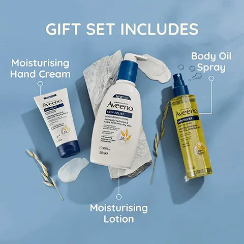 Image 1, gift set includes moisturising hand cream, moisturising lotion and body oil spray. Image 2, The perfect gift for sensitive skin