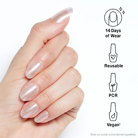 Image 1, 14 days of wear, reusable, PCR, vegan. Does not contain animal derived ingredients. Image 2, get pressed up. 1 = fit, find your perfect size. 2 = shape, option to do hue with custom tips. 3 = prep, buff, file and wipe. 4 = xpress, glue, press and hold to dry