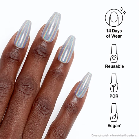 Image 1, 14 days of wear, reusable, PCR, vegan. Does not contain animal derived ingredients. Image 2, get pressed up. 1 = fit, find your perfect size. 2 = shape, option to do hue with custom tips. 3 = prep, buff, file and wipe. 4 = xpress, glue, press and hold to dry
