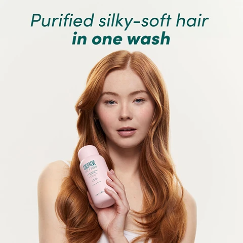 Image 1, purified silky soft hair in one wash. image 2, dissolves 66% of hard water metals. removes 74% of air pollutants. results observed as an average reduction of a selection of metals in scientific technical testing on hair tresses exposed to contaminated hard water after 1 use of LAV clarifying detox shampoo. image 3, chelating technology - removes minerals and impurities from hard water. hibiscus vinegar - regulates sebum production. lemon peel extract - boosts barrier regeneration in the scalp. coconut water - hydrates and moisturises.
