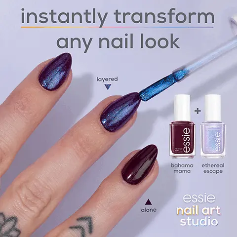 Image 1, ﻿instantly transform any nail look layered essie bahama ethereal mama escape alone essie nail art studio essie Image 2, ﻿ essie + essie essie ssie special effects gilded galaxy frilly lilies cheeky jelly separated starlight 1 polish, endless nail art looks essie nail art studio Image 3, ﻿ exclusive easy-glide brush even effect application Image 4, ﻿ exclusive pearl technologies flaky pearls essle essie divine dimension lustrous luxury pixel pearls satin chromes essie essle separated starlight essie astral aura frosted fantasy ethereal escape essie essie cosmic chrome gilded galaxy mystic marine essle Image 5, ﻿ 9 show stopping special effects divine frosted cosmic dimension astral fantasy ethereal lustrous luxury chrome separated starlight aura escape mystic marine gilded galaxy essie