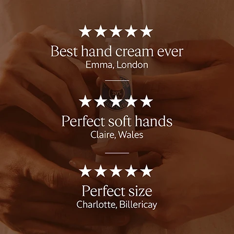Image 1, customer reviews. 5 star. best hand cream ever. perfect soft hands. perfect size. image 2, nourishes and soothes dry and sensitive skin. image 3, easily absorbed and non greasy. image 4, 100% recyclable.