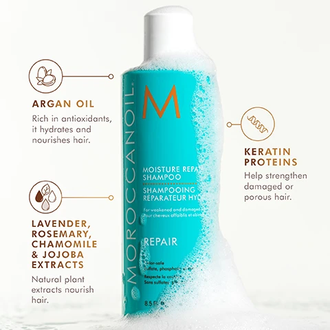 image 1, argan oil = rich in antioxidants it hydrates and nourishes hair. lavender, rosemary, chamomile and jojoba extracts = natural plant extracts nourish hair. keratin proteins = help strengthen damaged or porous hair. image 2, before and after, increases shine by 118%. according to an independent study conducted in january 2020. image 3, key ingredients. linseed extract = contains fatty acids to help improve the health of hair. argan oil = rich in antioxidants, it hydrates and nourishes hair.