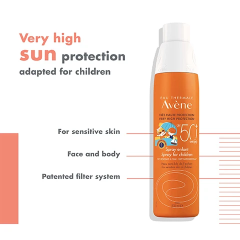 Image 1, very high sun protection adapted for children. for sensitive skin, face and body, patented filter system. image 2, UVA and UVB sun protection. water and sand resistant. invisible finish. suitable for kids. image 3, invisible finish. hydrating