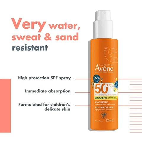 Image 1 - An orange spray bottle labeled Avene features the text Very water, sweat & sand resistant, High protection SPF spray, Immediate absorption, and Formulated for childrens delicate skin, with a cartoon image of a smiling character on the bottle.
              Image 2 - Avene sunscreen spray bottle with an orange label shows sun protection details including UVB & UVA sun protection, water, sweat & sand resistance, invisible finish, and suitability for kids, along with the text 50+ SPF and Spray pour enfants.
              Image 3 - Image shows two skin care products on a white background: an orange spray labeled SPF 50+ for children and a white bottle of thermal spring water; visible text includes 1 PROTECT SPRAY FOR CHILDREN SPF 50+ and 2 SOOTHE AVÈNE THERMAL SPRING WATER.
              Image 4 - An abstract swirl of white cream is featured alongside the text INVISIBLE FINISH in bold orange, and Hydrating in gray.
