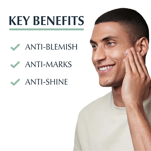 Image 1, key benefits = anti blemish, anti marks, anti shine. image 2, blemish prone skin, face and body, day and night. image 3, 96% confirm anti blemish, anti marks, anti shine. product in use study with 100 volunteers 4 weeks of regular usage twice a day. image 4, aha - alpha hydroxy acid. pha - plyhydroxy acid. bha - beta hydroxy acid. image 5, recommended routine. 1 = cleansing gel, 2 = triple effect serum, 3 = protective fluid spf 30.