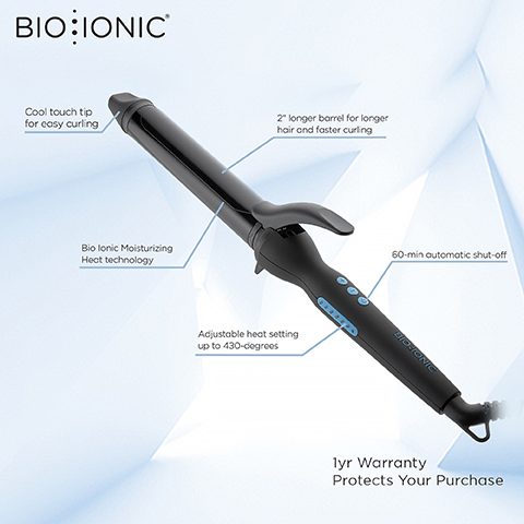 BIO IONIC Cool touch tip for easy curling 2" longer barrel for longer hair and faster curling Bio Ionic Moisturizing Heat technology Adjustable heat setting up to 430-degrees 60-min automatic shut-off BIOFONIC lyr Warranty Protects Your Purchase