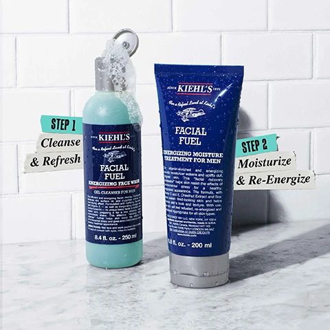 Image 1 - Image shows two Kiehls products on a marble surface: a blue energizing face wash bottle with bubbles and a dark blue tube of energizing moisture treatment, accompanied by labels stating STEP 1 Cleanse & Refresh and STEP 2 Moisturize & Re-Energize.
              Image 2 - The image shows two product images on a white background; the left features brown coffee grounds labeled Caffeine with the text Facial Fuel Energizing Face Wash, and the right displays a yellow liquid labeled Vitamin C with the text Facial Fuel Energizing Moisture Treatment.
              Image 3 - Image shows a light blue gel-like substance for a face wash at the top and a cream-like moisturizer below, with visible text reading ENERGIZING Face Wash and ENERGIZING Moisturizer.