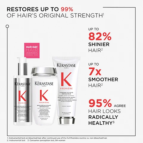 Image 1 - Image shows three Kérastase hair products on a light background with text stating RESTORES UP TO 99% OF HAIR’S ORIGINAL STRENGTH, UP TO 82% SHINIER HAIR, UP TO 7x SMOOTHER HAIR, 95% AGREE HAIR LOOKS RADICALLY HEALTHY, and a Marie Claire Hair Awards logo.
              Image 2 - Graphic illustrating the Kérastase Première professional layering technique with three steps: Step 1 shows a hand applying pre-shampoo with a timer indicating 5 minutes, Step 2 shows a hand dispensing shampoo, and Step 3 shows a hand holding conditioner; visible text includes ACTIVATE REPAIR, CLEANSE & REPAIR, and CONDITION & REPAIR.
              Image 3 - Two test tubes are shown side by side, one containing a clear liquid with bubbles labeled PEPTIDE and the other containing a pink bubbling liquid labeled GLYCINE.
              Image 4 - A collage of four images showing two women and one man with different hair types, each displaying a before and after comparison of hair treatment effectiveness, with text describing that the product is suitable for all hair types, highlights issues like heat styling and over-processing, and mentions benefits like advanced repair and hydration.
              Image 5 - A creamy, white serum with a balmy texture is shown in various shapes on a light background, with visible text reading WHITE, BALMY TEXTURE and PRÉMIÈRE REPAIRING ANTI-FRIZZ FILLER SERUM.
              Image 6 - A smiling man with curly hair, wearing a suit jacket over a white shirt, is featured in the image, which includes the text: HOVIG ETOYAN, Global Professional Ambassador, Damaged hair is the n°1 concern in our salon. It is great to now have a complete exclusive protocol to offer the best repair to our clients.
              Image 7 - A close-up of a man with a beard wearing a white lab coat and black shirt, accompanied by text that discusses hair damage caused by calcium in water and how Premiere products help repair it. The visible text includes: Edine Ahbich Kérastase Scientific Director Women report persistent hair damage despite using various repairing products. The problem: excessive calcium in rinsed water weakens hair. Premiere helps repair the hair with citric acid to remove the calcium, and glycine to repair the damage.