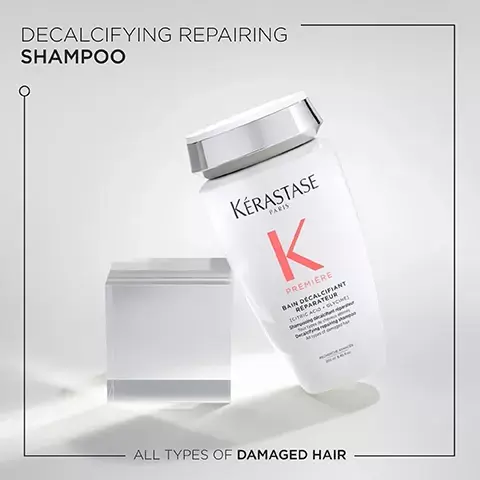 Image 1, declarifying repairing shampoo. all types of damaged hair. image 2, before and after. full premiere routine and styling. image 3, dual action to help decalcify and repair. step 1 = active decalcifying repairing pre-shampoo treatment. use to help decalcigy and repair persistent damage, do not rinse. step 2 cleanse, decalcifying repairing shampoo. then use it to cleanse, strengthen the scalp and hair and remove calcium overdose and rinse. layering technique. instrumental test after continued use.Image 4,Instrumental test on bleached hair after continued use of the full Premiere outings non-bleached hair PREMIÈRE RANGE RESTORES HAIR'S ORIGINAL STRENGTH* DUAL ACTION REPAIR HAIRCARE FREES HAIR FROM CALCIUM BUILDUP THAT LEADS TO BREAKAGE HELPS RECONNECT BROKEN KERATIN LINKS ERASTA image 5, glycine and citric acid. image 6, white creamy texture, voluptuous foam. premiere declarifying repairing shampoo. image 7, sensorial textures. premiere. image 8, hovig etoyan global professional ambassador says damaged hair is the number 1 concern in our salon. it is great to now have a complete exclusive protocol to offer the best repair to our clients. image 9, edine ehbich kerastase scientific director says women report persistent hair damage despite using various repairing product. the problem - excessive calcium in rinsed water weakens hair. premiere helps repair the hair with citric acid to remove the calcium and glycine to repair the damage. image 10, dual action to help decalcify and repair. step 1 - activate with decalcifying repairing pre shampoo treatment, use to help decalcify and repair persistent damage - do not rinse. step 2 -cleanse with decalcifying repairing shampoo, then use it to cleanse strengthen the scalp and hair and remove calcium overdose and rinse. instrumental test after continued use. premiere layering technique.