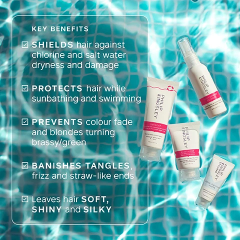 Image 1 - Four Philip Kingsley hair product bottles and tubes are shown on a blue water surface resembling a swimming pool, alongside a white box listing the text: KEY BENEFITS, SHIELDS hair against chlorine and salt water dryness and damage, PROTECTS hair while sunbathing and swimming, PREVENTS colour fade and blondes turning brassy/green, BANISHES TANGLES, frizz and straw-like ends, Leaves hair SOFT, SHINY and Silky. Image 2 - A four-panel grid shows hands holding Philip Kingsley hair products against a blue sky, with the first panel featuring a white tube of Philip Kingsley Elasticizer Pre-Shampoo Treatment and text 1. PROTECT, the second panel a clear tube of Philip Kingsley Elasticizer Booster Intensive Treatment and text 2. TREAT & STRENGTHEN, the third panel a white spray bottle of Philip Kingsley Daily Damage Defence Protective Spray and text 3. DETANGLE & CONDITION, and the fourth panel a small white tube of Philip Kingsley Instant Styling Supreme Cream and text 4. SMOOTH & SHINE. Image 3 - Blonde hair is shown with four white circular icons, each describing a product benefit: Contains UV Absorber, Prevents Colour Fade, Water Resistant, and Deeply Hydrates. Image 4 - An overhead shot of travel items in a grey tray, including a black water bottle, sunglasses, small white Philip Kingsley hair product containers, a black passport holder with PASSPORT, a black camera, and a white phone, with an overlay that reads 4-STEP SUMMER HAIR REPAIR TRAVEL COLLECTION. Image 5 - A hand holds a yellow box for Philip Kingsley Hair Repair Travel Collection, illustrated with beach umbrellas and hair products, set against an airplane window view of the sky, with a customer review on the left stating I take this collection whenever I travel. Keeps my hair in good condition in the sun, sea and pool. CUSTOMER REVIEW with a five-star rating.