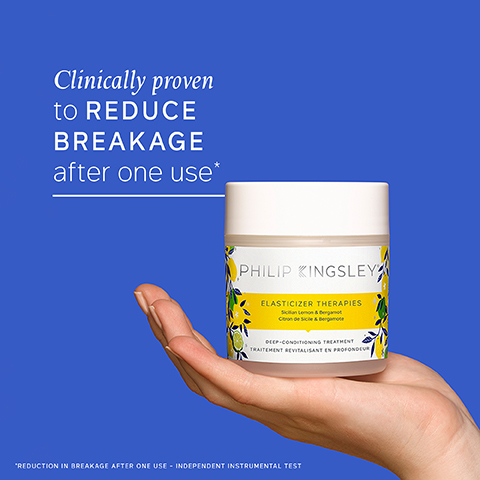 Clinically proven to REDUCE BREAKAGE after one use* PHILIP KINGSLEY ELASTICIZER THERAPIES Coron de ce & Be DEEP-CONDITIONING TREATMENT TRAITEMENT REVITALISANT EN PROFONDEUR "REDUCTION IN BREAKAGE AFTER ONE USE INDEPENDENT INSTRUMENTAL TEST