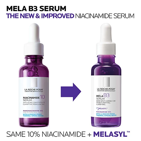 Image 1, mela B3 serum then and new improved niacinamide serum. Same 10% niacinamide + melasyl. Image 2, visibly fades darks spots for a more even radiant tone. lightweight and fast absorbing serum gel texture. tested on all skin tones. image 3, key dermatological ingredients. melasyl - new multi patented ingredient = visibly resuces persistent dark spots with long lasting results. targets discoloration while respecting the natural tone of all skin. 10% niacinamide antioxidant = helps visibly fade dark spots when used at high concentrations. image 4, mela B3 serum. clarify with melasyl - dermatological ingredient. unify with 10% niacinamide - booster ingredient. hydrate with hyaluronic acid - buffer ingredient. image 5, apply morning and evening to face and neck. image 6, dermatologist tested, allergy tested, paraben free, non comedogenic