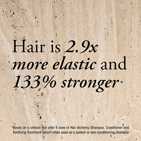 hair is 2.9 times more elastic. hair is 133% stronger. after just one week 87% felt their hair was more resilient based on a clinical test of hair alchemy shampoo, conditioner and fortifying treatment when used as a system vs non conditioning shampoo after 5 uses. based on a consumer panel survey of 106 women.