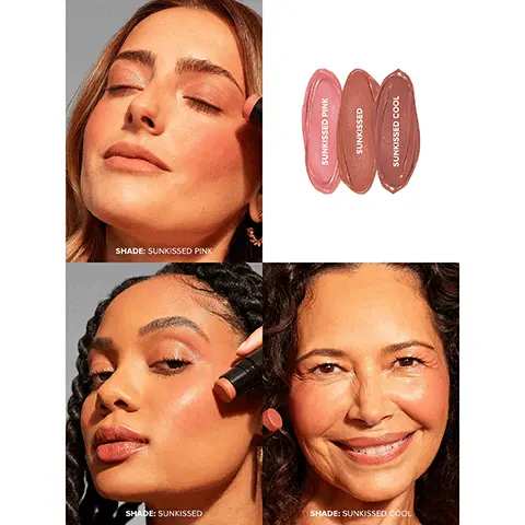 image 1, Shade: Sunkissed Pink, Sunkissed, Sunkissed Cool. image 2, swatches of sunkissed pink, sunkissed and sunkissed cool on three different skin tones. image 3, Cream Formula, easy to blend, multi-tasking, 3-in-1 eyes, lips, cheeks. On-the-go stick application. every kit comes with a recyclable tin and mirror. image 4, SAVE A TIN'. JOIN A SMALL MOVEMENT & MAKE A BIG DIFFERENCE NUDESTIX uses reusable tins for an important reason. We do not believe in single-use waste. We encourage reusable and recyclable materials with environmentally friendly packaging. REUSE YOUR TIN: Organize your products & touch up makeup on the go. Other things to store in your tin: jewelry, headsets, etc. RECYCLE WITH US: Tinplate is the most infinitely recyclable material in the world, that can be recycled into useful industrial products. recycle based on your locale recycling programme.