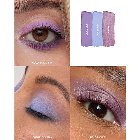 Image 1, model shots of lilac sky, oceania and prism. image 2, swatches of lilac sky, oceania and prism on three different skin tones. image 3, waterproof, smudge proof, easy to blend, quick drying, long wearing (11 hours), 3 in 1 multi tasking formula = eyeshadow, eyeliner and eye primer. on to the go stick application. clean, vegan, cruelty free. every kit comes with a recyclable tin and mirror. image 4, save a tin. join a small movement and make a big difference. nudestix uses reusable tins for an important reason. we do not believe in single use watse. we encourage reusable and recyclable materials with environmentally friendly packaging. reuse your tin = organise your products and touch up makeup on the go. other things to store in your tin - jewellery, headsets etc. recycle with us = tinplate is the most infinitely recyclable material in the world that can be recycled into useful industrial products. recycle based on your local recycling centre.