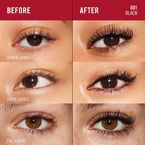 Image 1, before and after on sparse lashes, curly lashes and full lashes. image 2, long live lashes. our 1st bonding serum mascara, up to 350% more volume. image 3, inspired by repair serums, lightweight formula, suitable for sensitive eyes, smudge proof, flake proof and clump free. up to 24 hour wear. image 4, biotin bonding complex - longer, smoother, healthier looking lashes. rimmel's unique formula to visibly improve lash quality. created a protective barrier around lashes. 82% agree it gives lashes ultimate length. 89% agree lashes look fuller. source - internal consumer study. image 5, precision brush. to coat and lift even the shortest lashes from root to tip. precision brush to coat and lift.