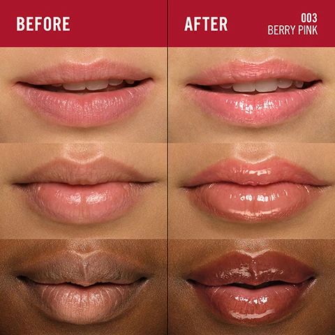 Image 1, before and after. image 2, glossy finish, moisture boost of a lip balm, hint of irresistible sheer colour, lip hugging formula. image 3, use it your way. 1 = reapply during the day to protect and nourish lips. 2 = apply overnight as a nourishing mask to wake up to soft juicy lips. 3 = layer over your favourite lip colour for a boosted glossy and kissable finish.