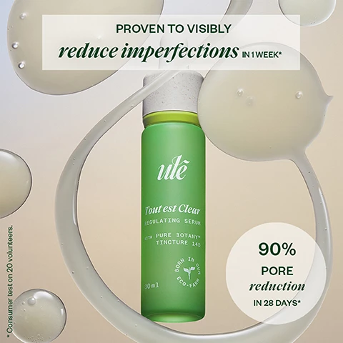 Image 1, proven to visibly reduce imperfections in 1 week. 90% pore reduction in 28 days. Consumer test on 20 volunteers. image 2, day 0 vs day 28, 79% imperfection reduction in 1 weeks consumer test on 20 volunteers. a few drops morning and night. the routine = reve of pure, tout est clear, je suis chill