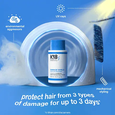 Image 1,environmental aggressors UV rays K18 DAMAGE SHIELD 250ml/8.5 oz mechanical styling protect hair from 3 types of damage for up to 3 days* *k18hair.com/disclaimers Image 2, ANGELA ONUOHA trichologist @curlbellaa TABITHA DUEÑAS dimensional color specialist @hairbytabitha shield your healthiest hair against daily damage