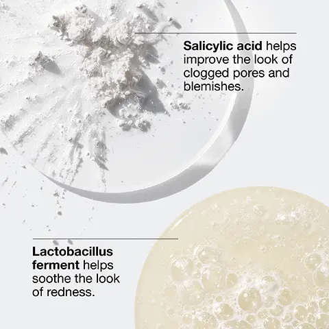 Image 1, ﻿ Lactobacillus ferment helps soothe the look of redness. Salicylic acid helps improve the look of clogged pores and blemishes. Image 2, ﻿ Before foundation After foundation with shade Sand Image 3, ﻿ Before foundation After foundation with shade Ivory